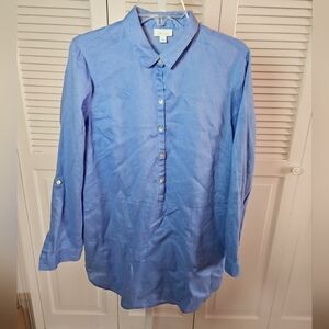 J.Jill Love Linen Lagenlook Blue Long Sleeve Tunic Size Medium Roll Sleeve